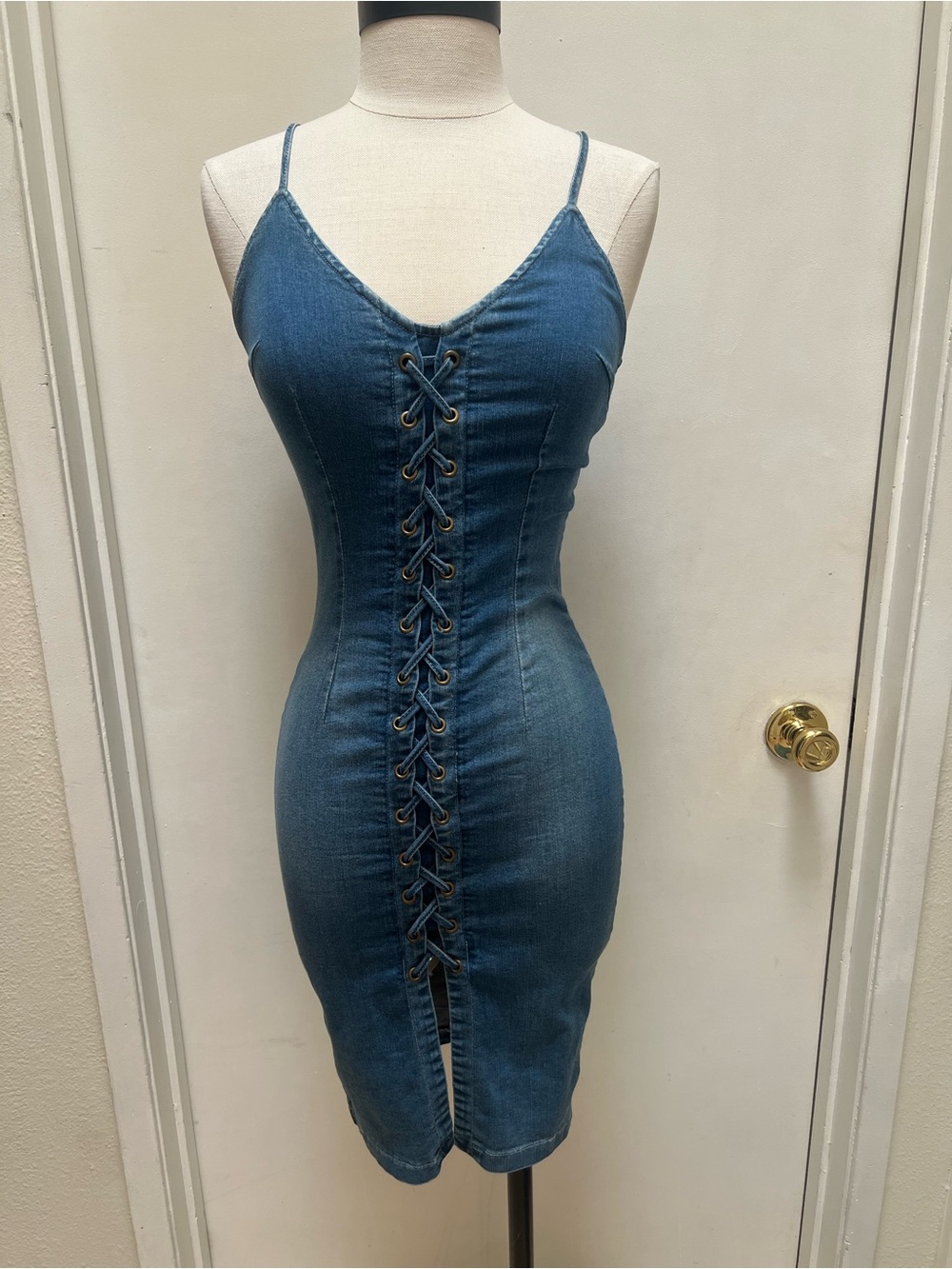 Windsor Blue Lace-Up Denim Midi Dress